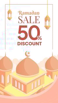 Ramadan Kareem holiday sale background. Poster of Eid al-Fitr, Eid al-Adha. Mosque and Islamic lanterns. Muslim culture, pastel color. vector