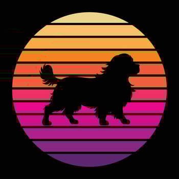 Cavalier King Charles Spaniel Dog Silhouette with Vintage Sunset Retro Background vector