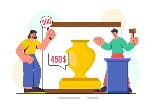 Illustration of a Charity Auction Event Raising Funds Through Bidding and Giving vector