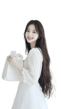 a woman in white dress holding a gift bag png