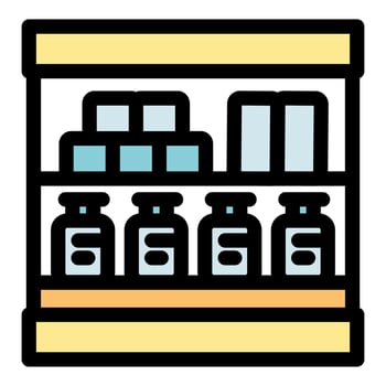 Pharmacy shelf displaying medicines and boxes, offering healthcare solutions vector