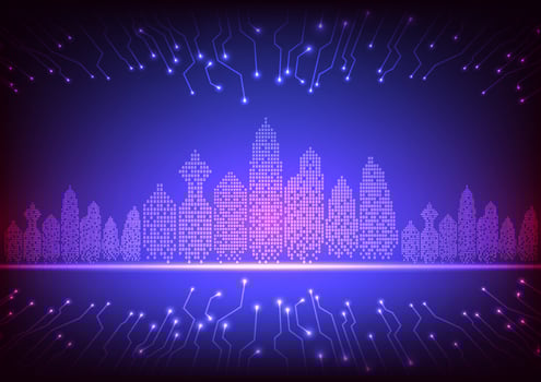Digital technology cityscape. City town company background concept. Design for office, city, town, company communication, connection, telecoms, digital, internet, online, network. vector