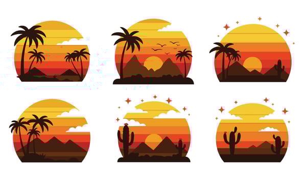 Outdoors Vintage Retro Sunset Set Illustration Showcasing Ocean Waves and Silhouetted Palms vector
