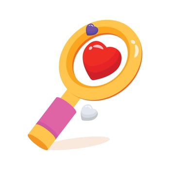 Magnifying glass highlighting a red heart symbol of love.. vector