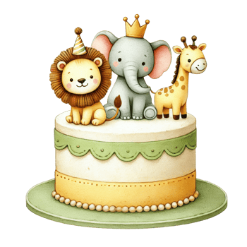 A whimsical cake topped with a lion, elephant, and giraffe, each wearing playful crowns, perfect for a child's celebration. png