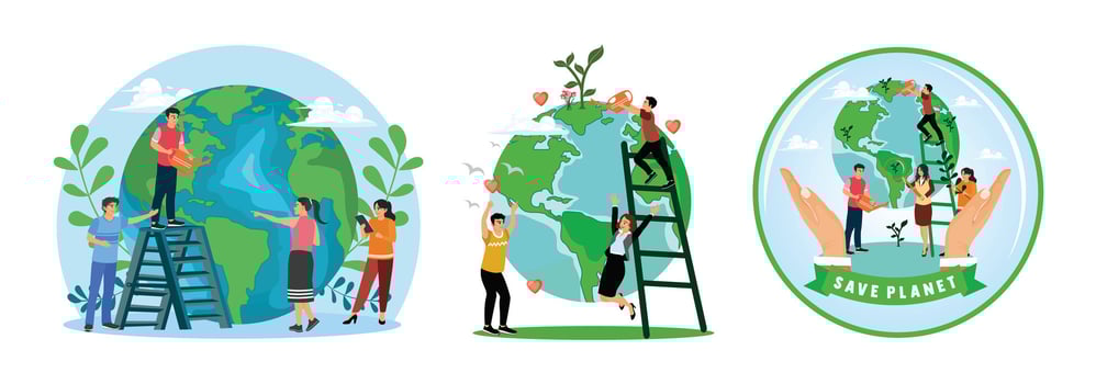 People collaborating around the globe supporting environmental care and sustainability. vector