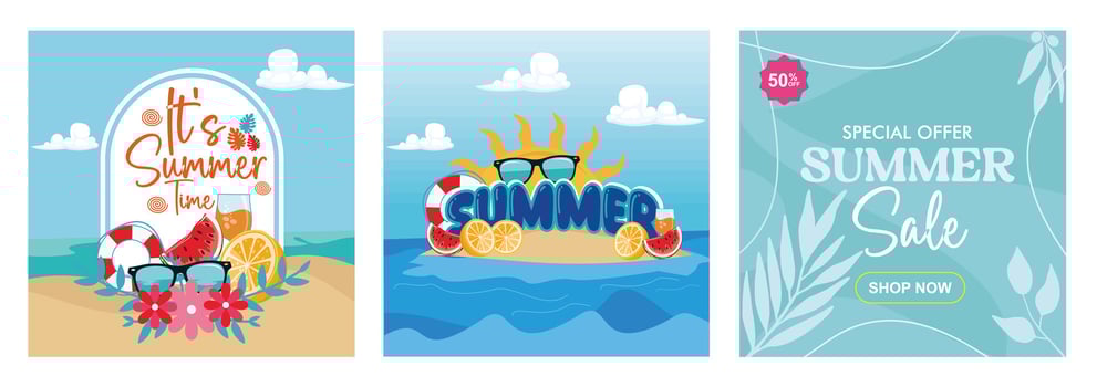 Colorful summer-themed designs featuring seasonal text, graphics, and offers. vector