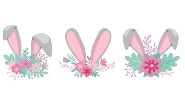 Easter phrases. Text greeting card templates with Easter eggs, bunny ears and spring flowers isolated on white background. Set vector