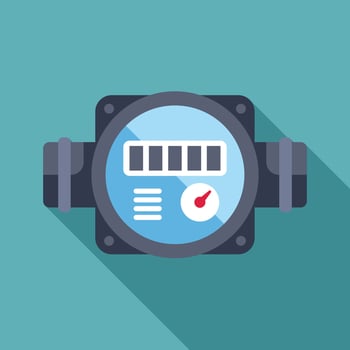 Water meter measuring water consumption with dial and pipes vector