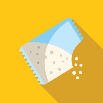 Open sachet pouring sugar or salt on yellow background vector