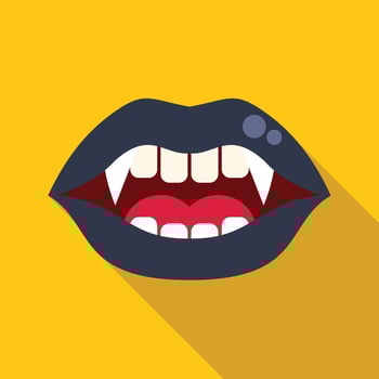 Vampire showing fangs with dark lipstick on yellow background vector
