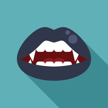 Vampire showing fangs with black lipstick on teal background vector