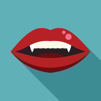 Red lips showing vampire fangs on a pastel blue background vector