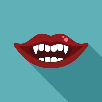 Red lips showing fangs biting on light blue background vector