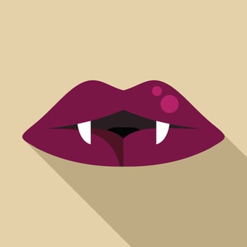 Vampire showing fangs with dark purple lipstick and long shadow vector