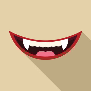 Vampire showing fangs with red lips grinning on beige background vector