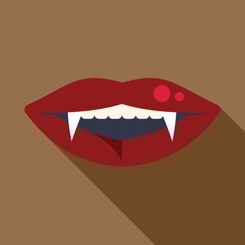 Vampire showing fangs biting lower lip with beauty spots vector