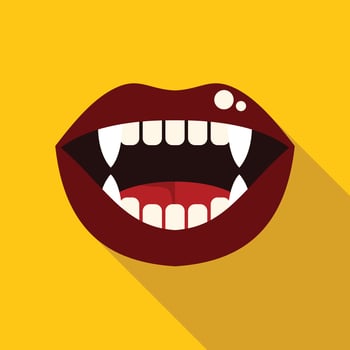Vampire showing fangs with red lips on yellow background vector