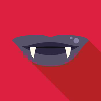 Vampire showing fangs baring teeth on red background vector