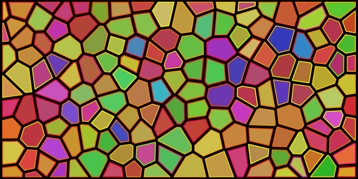A vibrant, colorful stained glass pattern with irregular polygonal shapes outlined in bold black and gold lines. The mosaic design features a mix of red, green, blue, yellow, and purple hues. vector