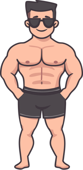 Cartoon Bodybuilder Smiling in Sunglasses, Fitness Concept png