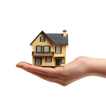 Real estate concept. Hand holding model house presenting for home loan campaign on transparent background. png