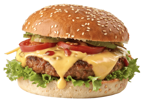 A mouthwatering cheeseburger, showcasing melted cheese dripping down the patty. png