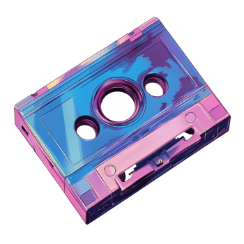 A vibrant iridescent cassette tape floats against a black background png