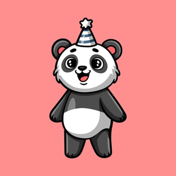 fun happy birthday panda cartoon colored character isolated drawing line style sketch classic vintage design illustration vector