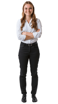 Confident Woman Dressed in a Classic White Shirt and Black Pants png
