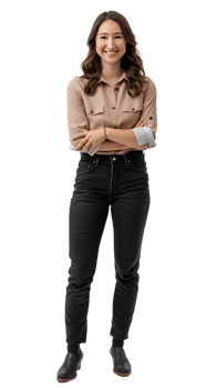 a woman in a tan shirt and black pants png