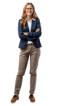 a woman in a suit and glasses standing with her arms crossed png