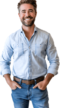 a man in jeans and shirt smiling png