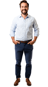 a man in blue shirt and pants standing with his hands in his pockets png