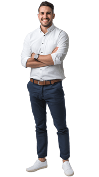 a man in a white shirt and blue pants standing with his arms crossed png