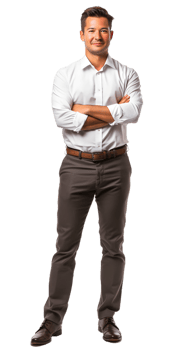 a man in a white shirt and gray pants standing with his arms crossed png