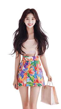 Happy Girl Holding a Shopping Bag in a Chic Floral Skirt png
