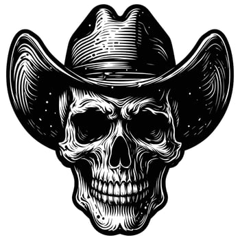 Hand Drawn Skull Wearing a Cowboy Hat, Perfect for Tattoo Designs, Biker Graphics, and Western Inspired Artworks vector