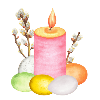 A large pink candle tied with a string and pussy-willow twig. Colorful Easter eggs. Clipart. Hand-drawn watercolor illustration png