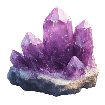 A cluster of vibrant purple crystal formations on a stone base. png