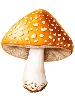 Vibrant orange mushroom with white spots in a natural setting. png