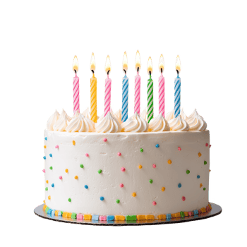A colorful birthday cake adorned with candles and sprinkles, perfect for celebrations. png