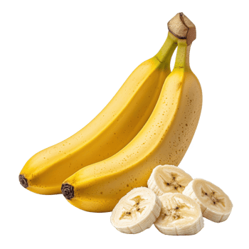 Fresh bananas whole and sliced, showcasing vibrant yellow color and natural texture. png