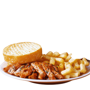 Delicious grilled chicken served with fries and a toasted bun on a white plate. png