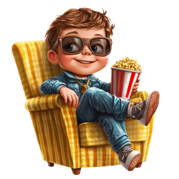 Cool Boy Relaxing in Chair Enjoying Popcorn png
