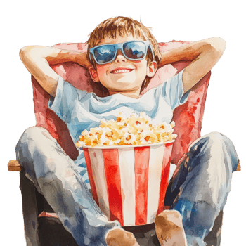 Happy Boy Relaxing with Popcorn and Sunglasses png