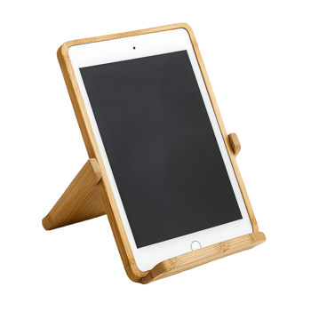 white tablet with black blank screen on bamboo stand png