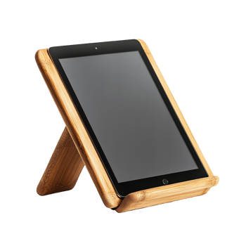 A tablet on a wooden stand png