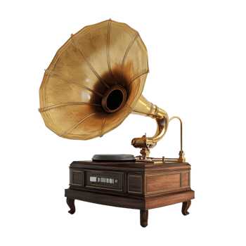 Antique Gramophone With Large Horn Speaker And Wooden Cabinet png