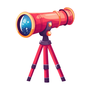 A red telescope on a tripod shows stars in its lens png